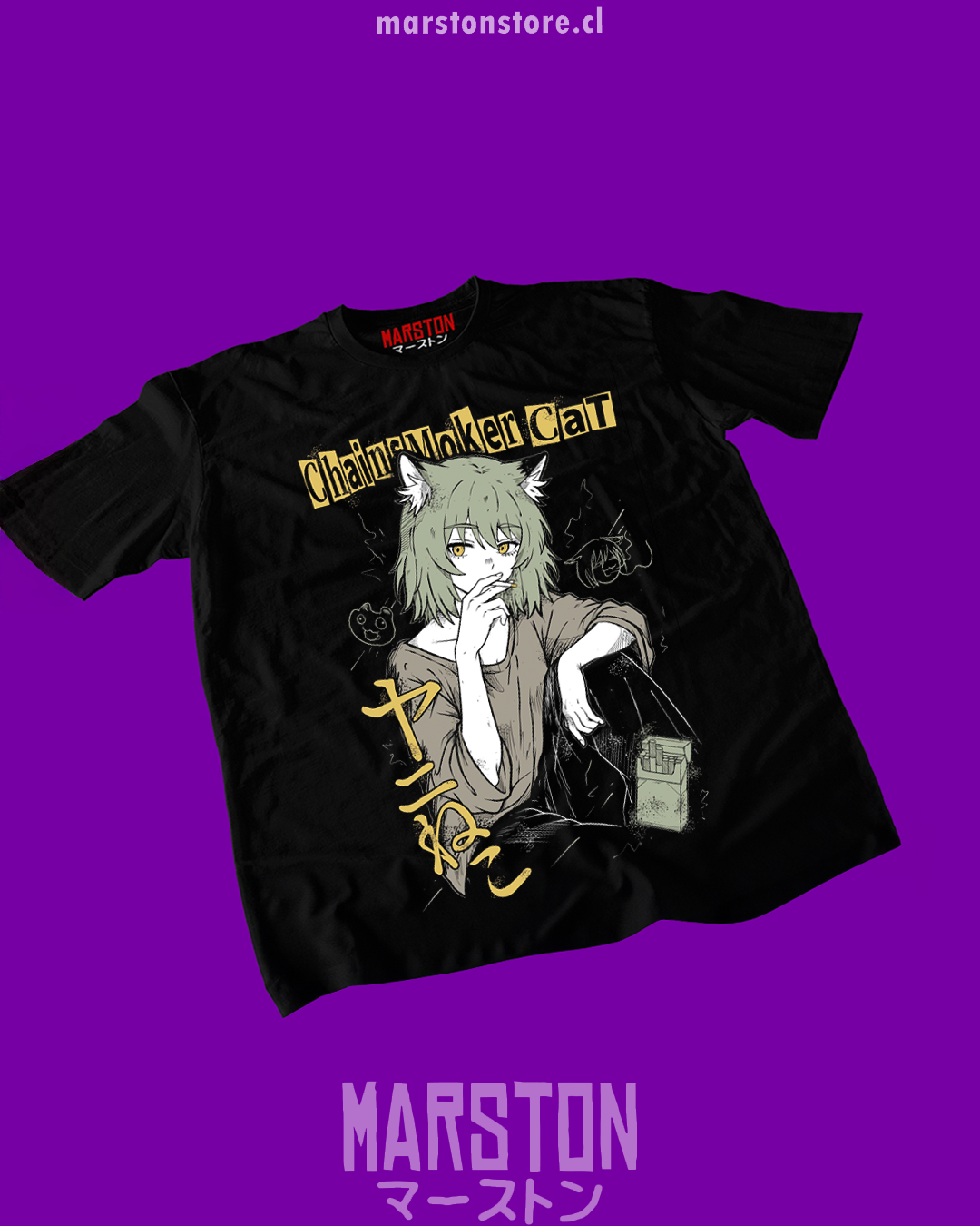 Polera negra Chainsmoker Cat con diseño de Aruko Sakai