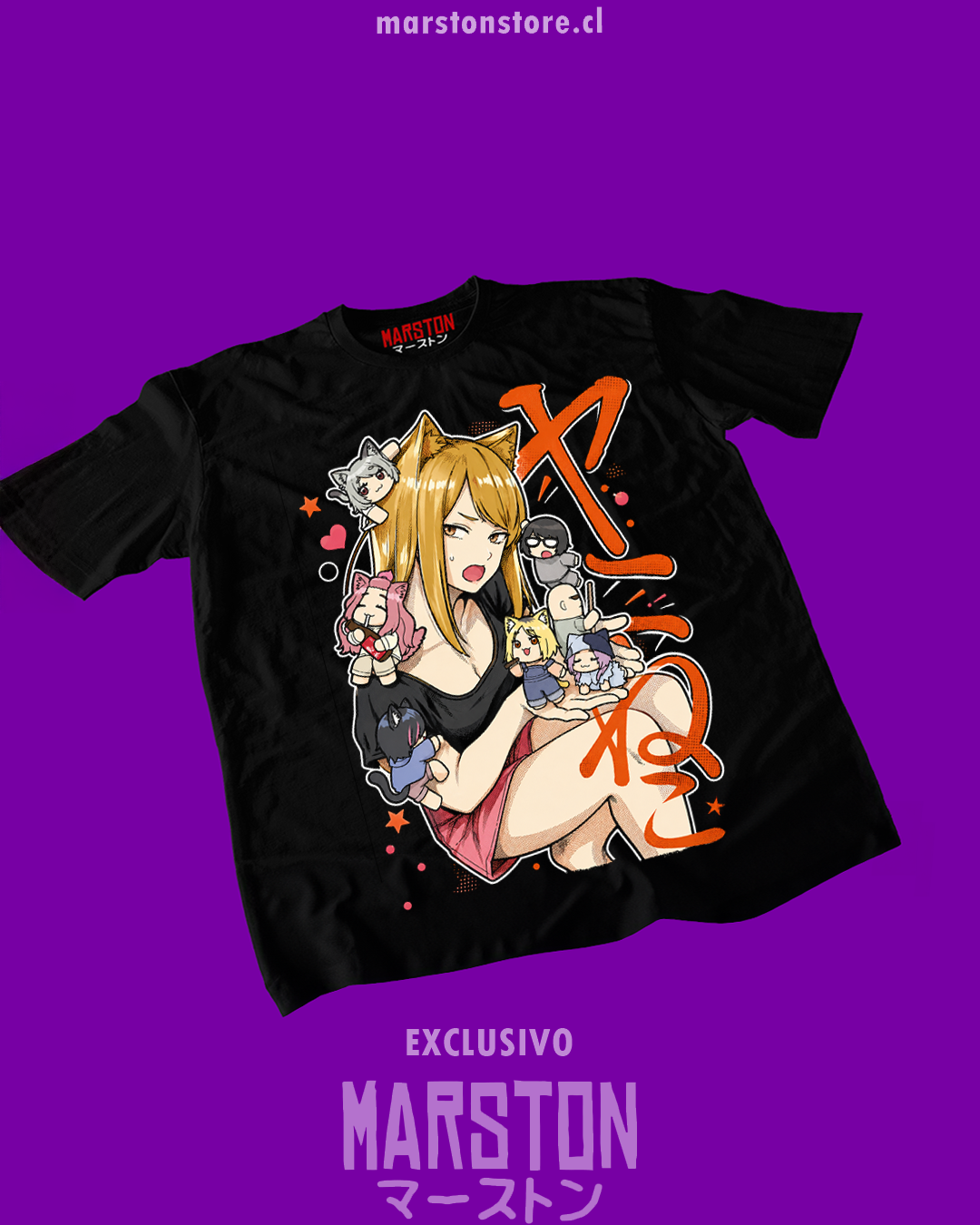 Polera negra Chainsmoker Cat con diseño de Aruko Sakai