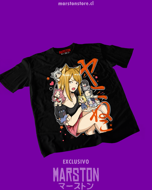 Polera negra Chainsmoker Cat con diseño de Aruko Sakai