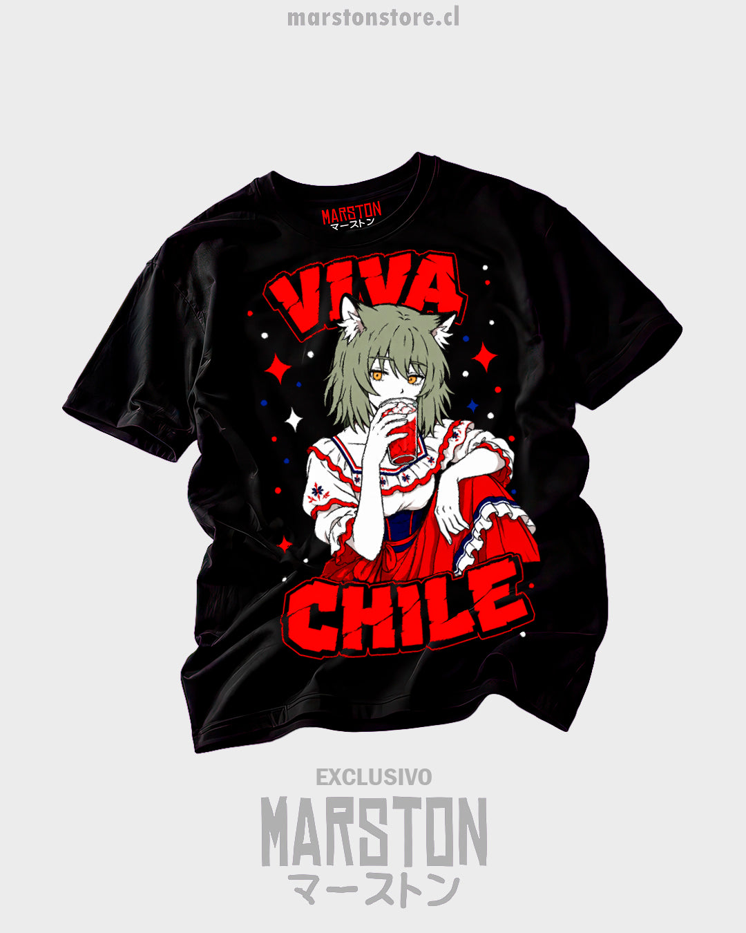 Polera negra Chainsmoker Cat Yani Neko Viva Chile fiestas patrias 18 de septiembre