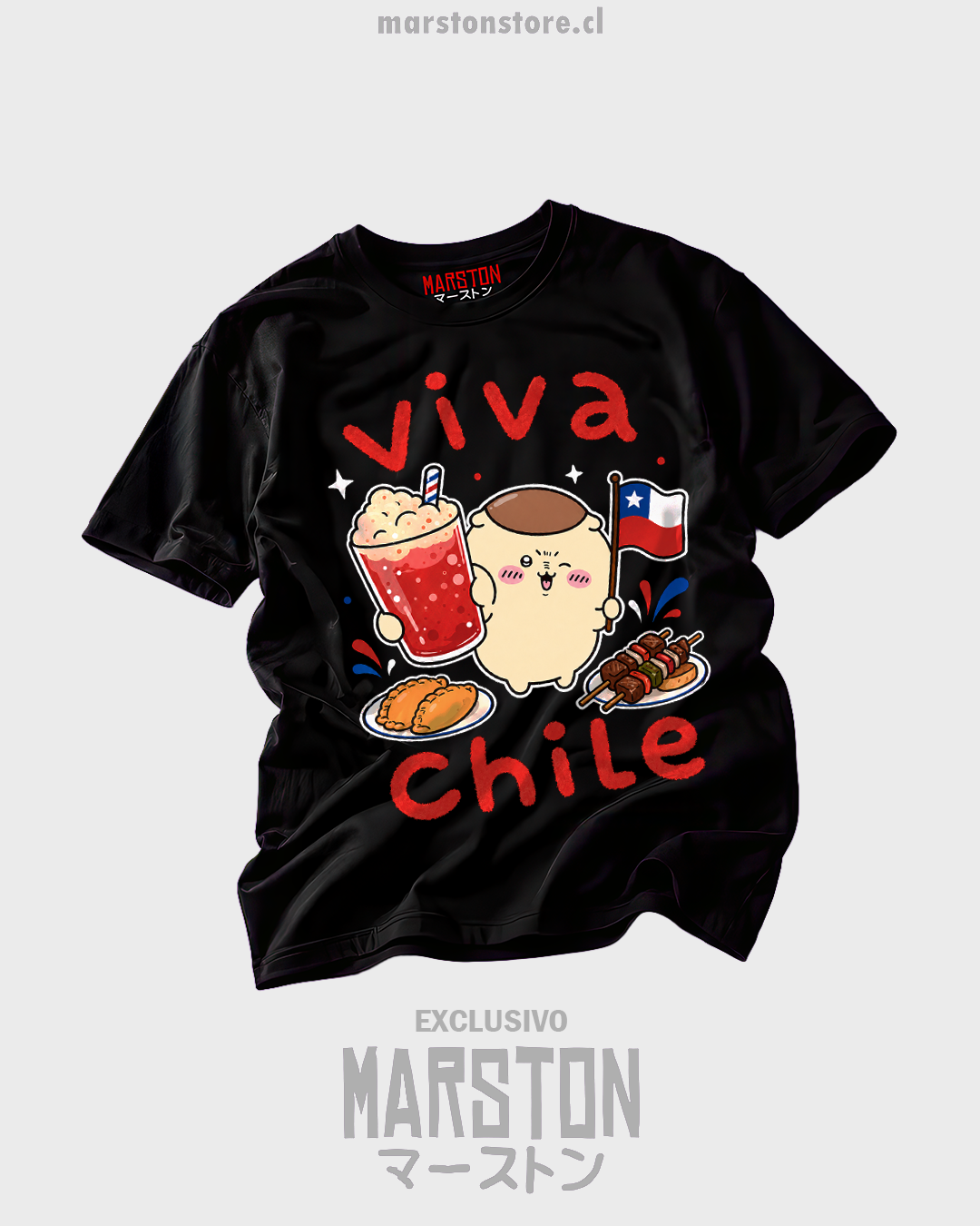 Polera negra Chiikawa Kurimanju Viva Chile fiestas patrias 18 de septiembre