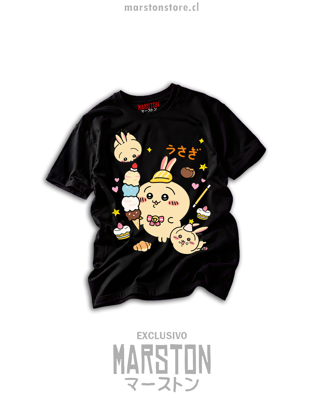 Polera negra Chiikawa con Usagi kawaii rodeado de helados, dulces, corazones y estrellas