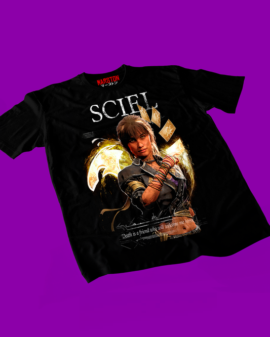 Polera negra Clair Obscur: Expedition 33 con diseño de Sciel