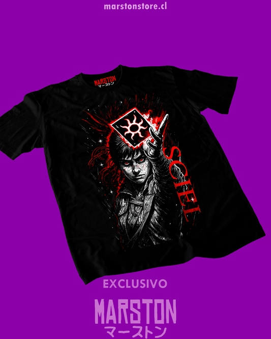 Polera negra Clair Obscur: Expedition 33 con diseño de Sciel