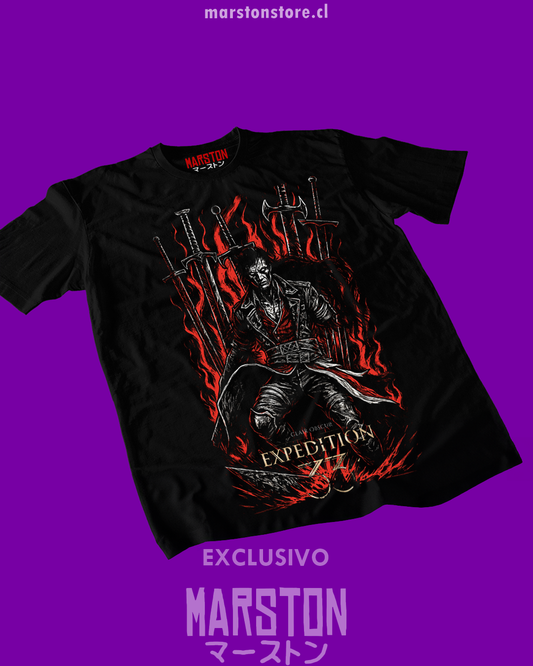 Polera negra Clair Obscur: Expedition 33 con diseño de Simon