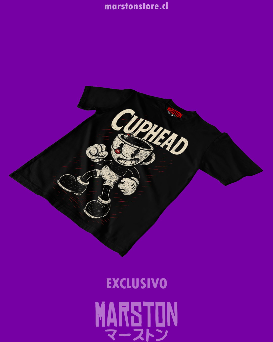 Polera negra con diseño de Cuphead