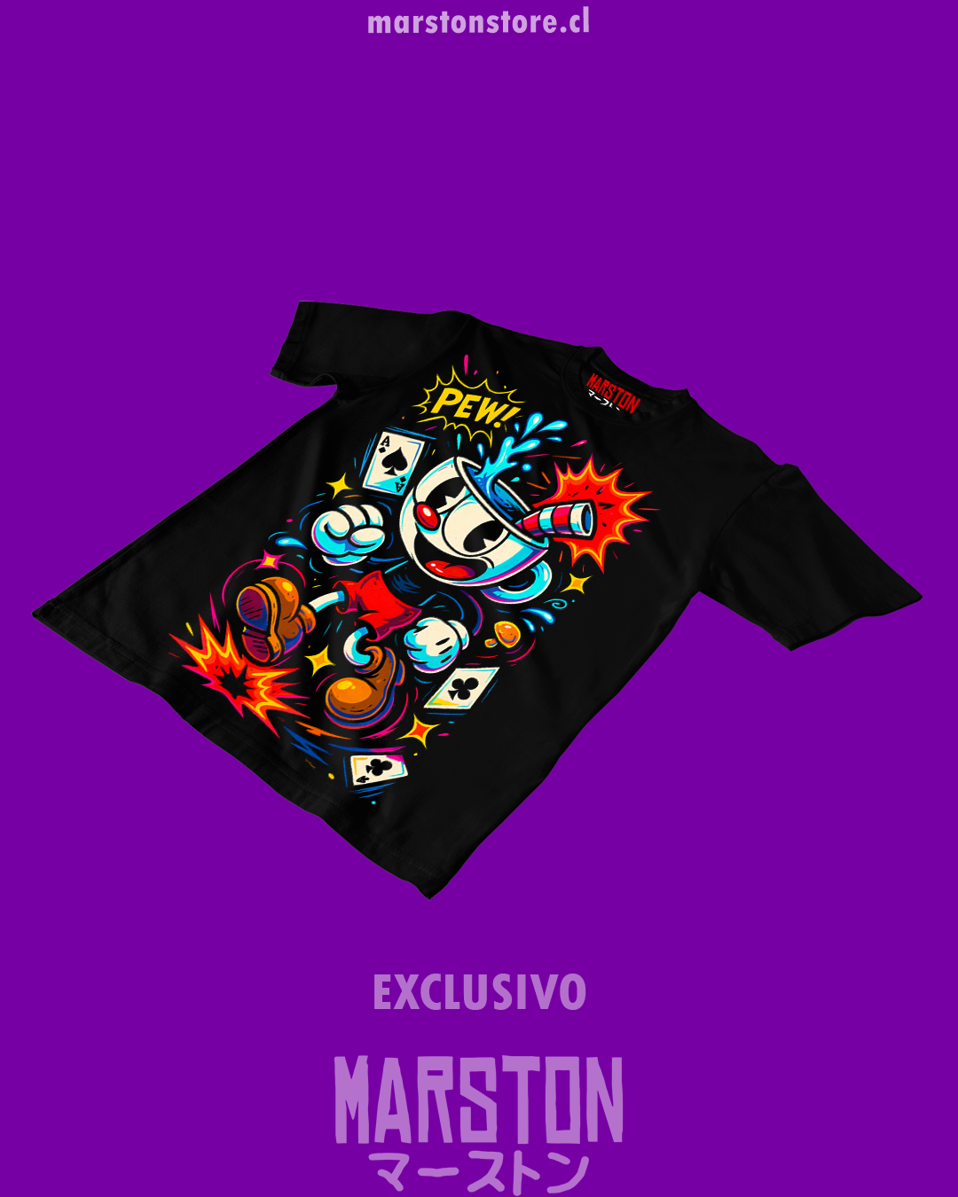 Polera negra con diseño de Cuphead