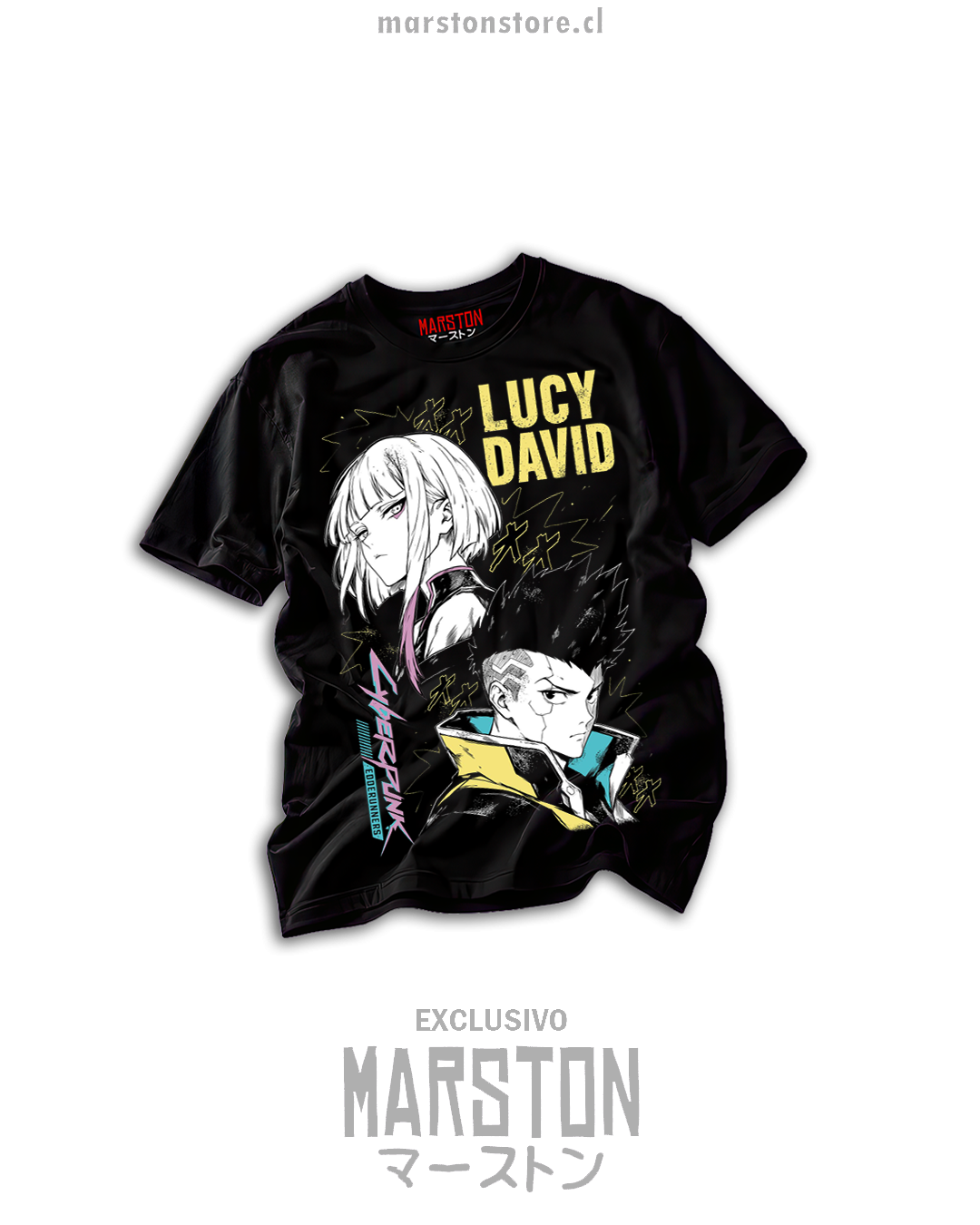 Polera negra Cyberpunk Edgerunners con Lucy y David Martinez en estilo manga amarillo y cian