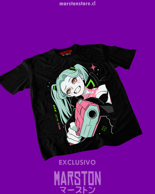 Polera negra de Cyberpunk: Edgerunners con diseño de Rebecca