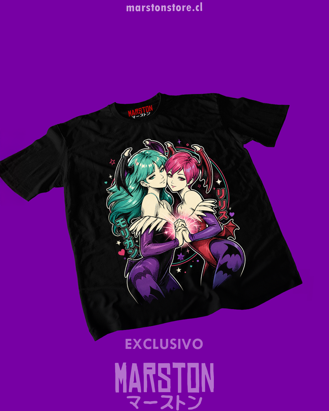 Polera negra Darkstalkers con Morrigan Aensland y Lilith
