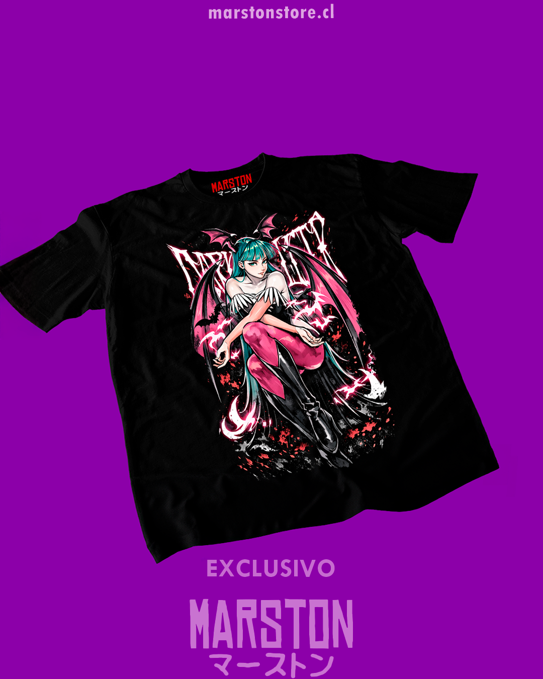 Polera negra Darkstalkers con diseño de Morrigan Aensland