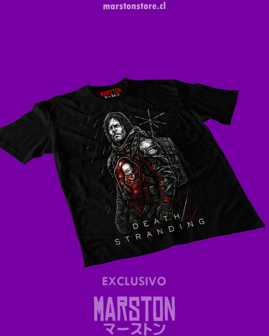 Polera negra Death Stranding con diseño de Sam Porter Bridges