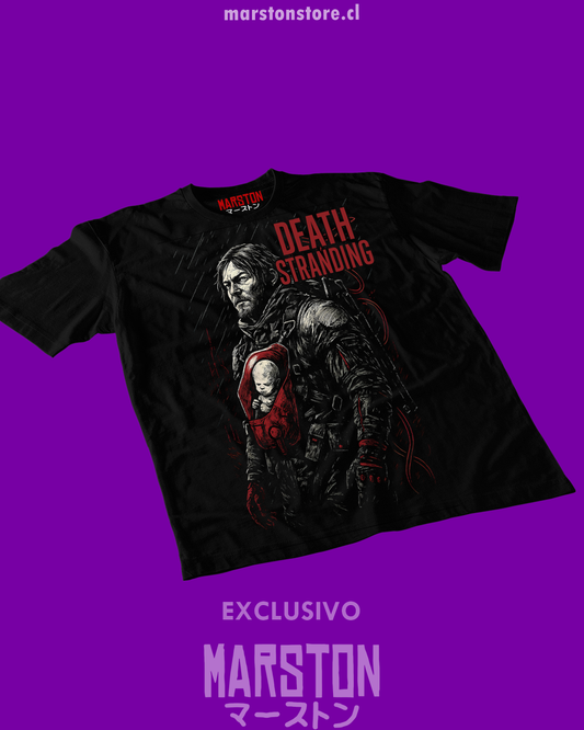 Polera negra Death Stranding con diseño de Sam Porter Bridges
