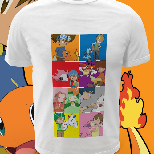 Polera blanca crossover Digimon x Pokémon con Agumon y Charmander