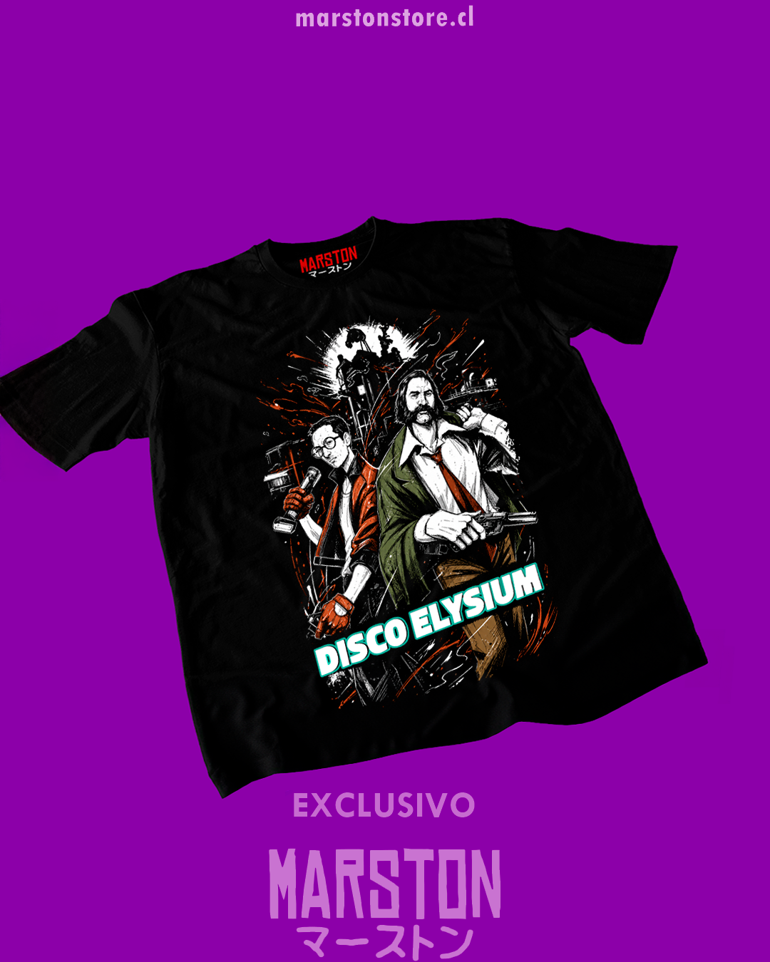 Polera negra con diseño de Disco Elysium
