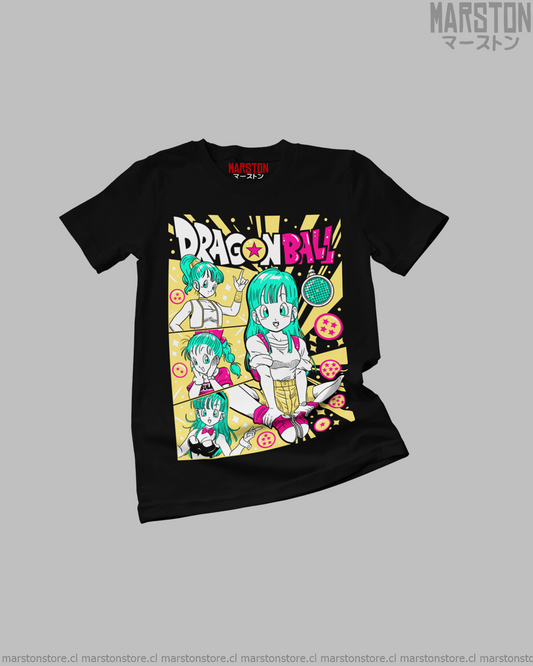 Polera negra Dragon Ball con diseño de Bulma