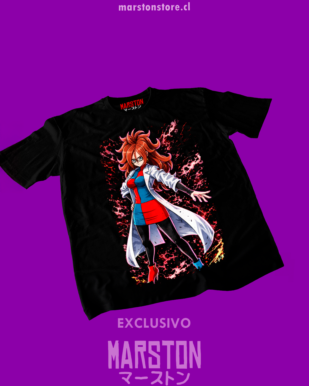 Polera negra Dragon Ball FighterZ con diseño de Androide 21