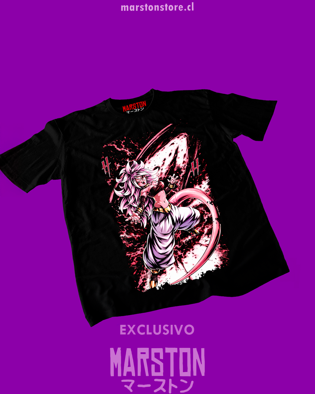 Polera negra Dragon Ball FighterZ con diseño de Androide 21