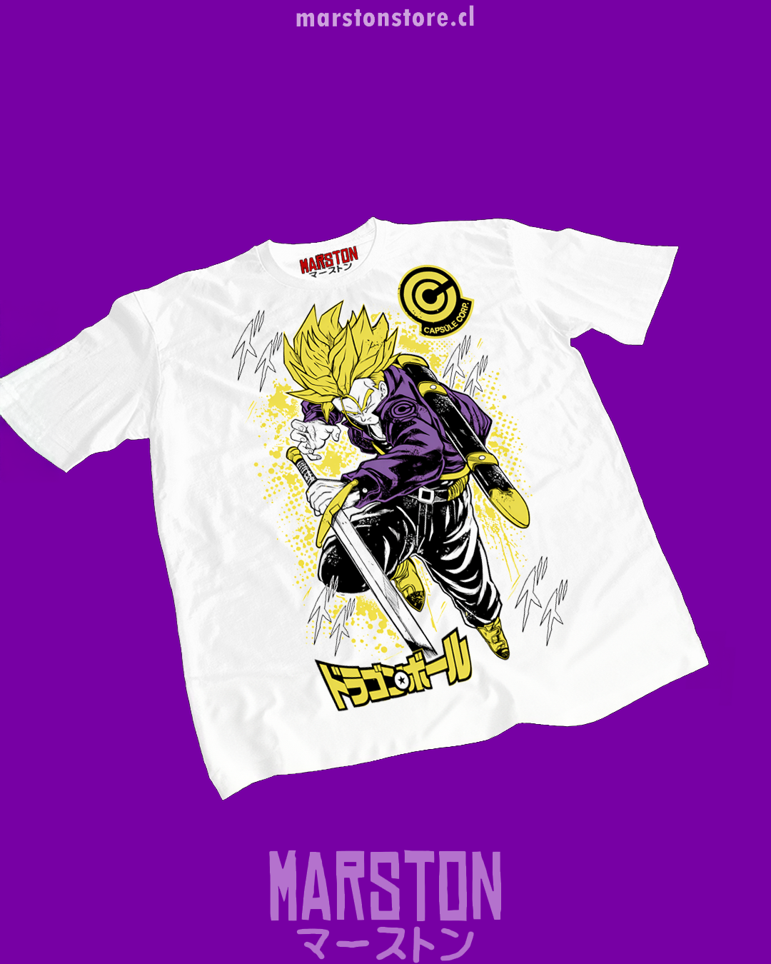 Polera blanca Dragon Ball con diseño de Mirai Trunks