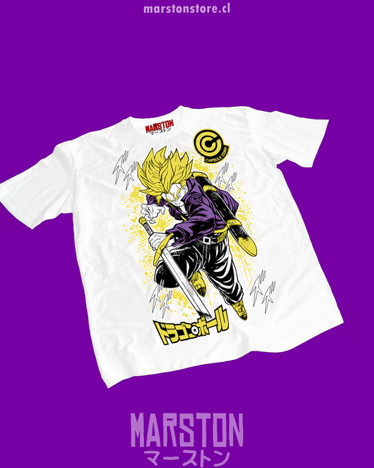 Polera blanca Dragon Ball con diseño de Mirai Trunks