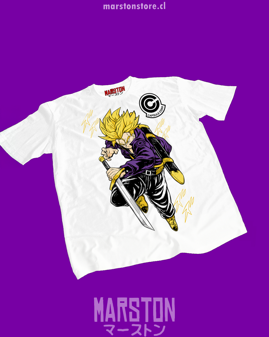 Polera blanca Dragon Ball con diseño de Mirai Trunks