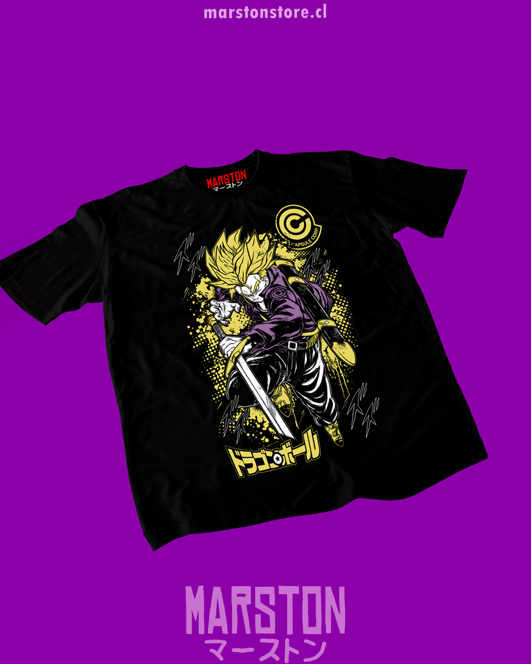 Polera negra Dragon Ball con diseño de Mirai Trunks