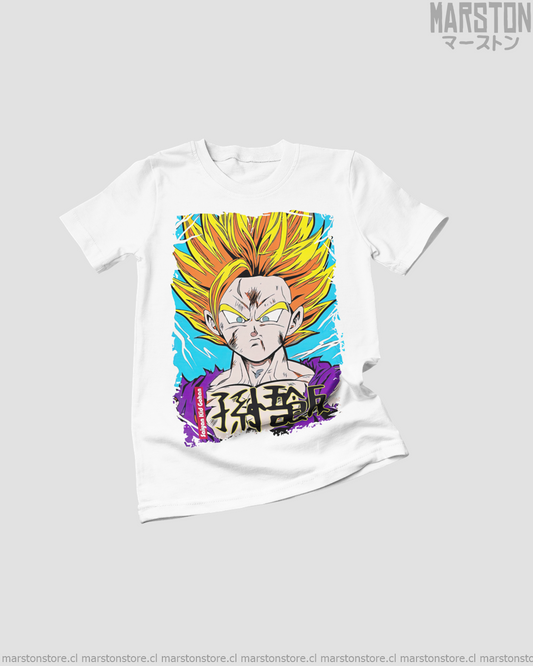 Polera blanca Dragon Ball con diseño de Son Gohan