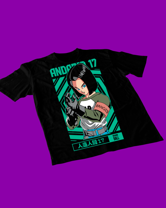 Polera negra Dragon Ball Super con diseño de Androide 17