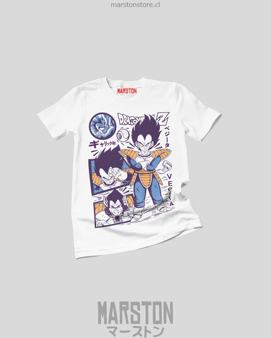 Polera blanca Dragon Ball con diseño de Vegeta