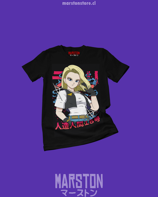 Polera negra Dragon Ball Z con diseño de Androide 18