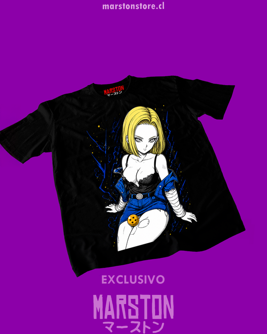 Polera negra Dragon Ball Z con diseño de Androide 18
