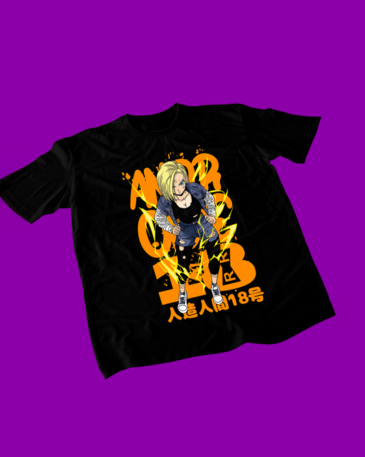 Polera negra Dragon Ball Z con diseño de Androide 18