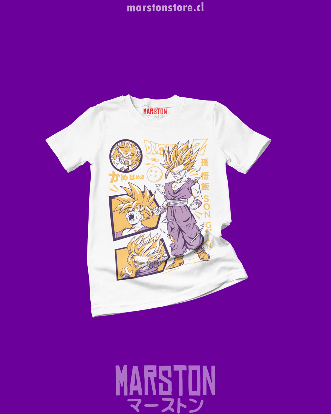 Polera blanca Dragon Ball Z con diseño de Gohan
