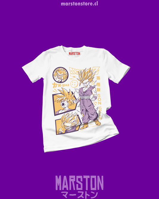 Polera blanca Dragon Ball Z con diseño de Gohan