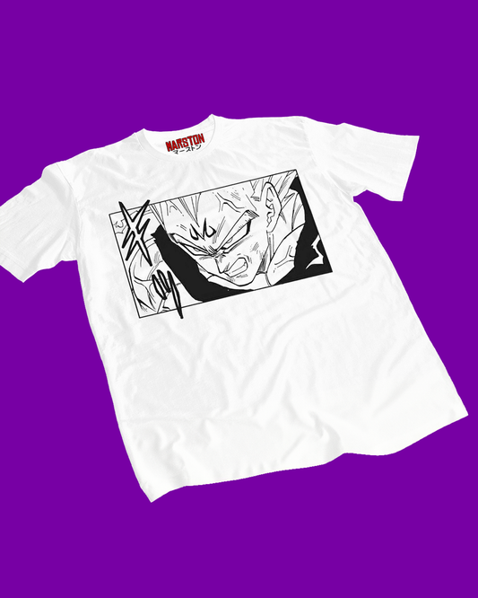 Polera blanca Dragon Ball Z con diseño de Majin Vegeta