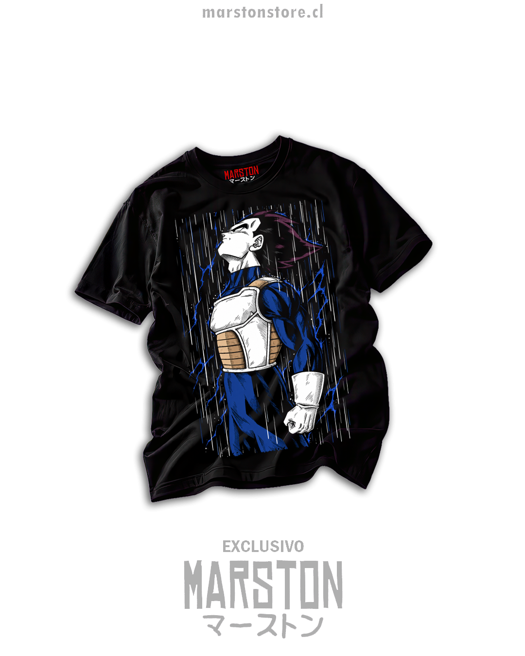Polera negra Dragon Ball Z con Vegeta bajo la lluvia eléctrica y relámpagos azules