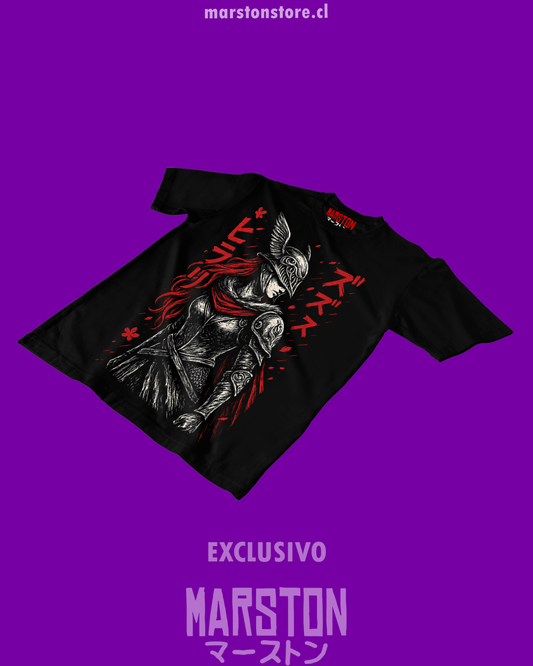 Polera negra Elden Ring con diseño de Malenia