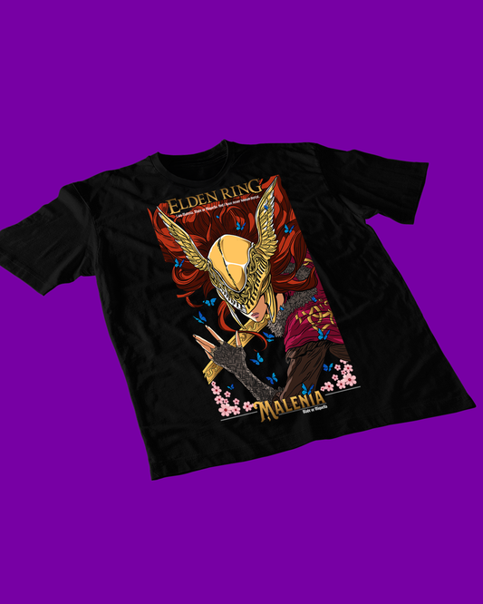Polera negra Elden Ring con diseño de Malenia