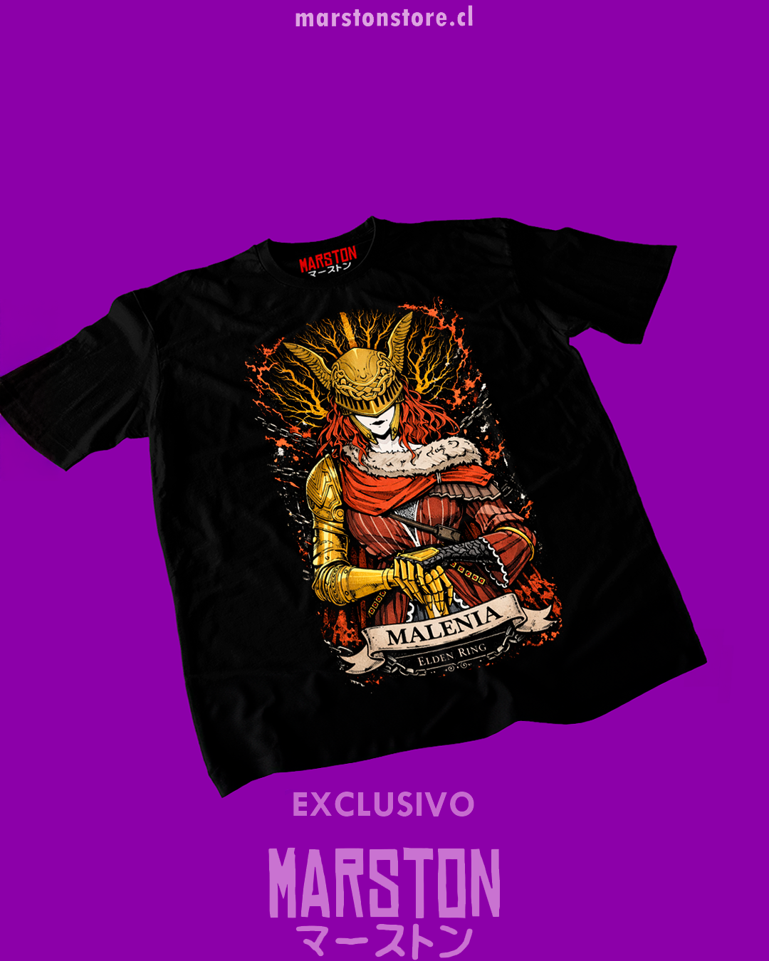Polera negra Elden Ring con diseño de Malenia