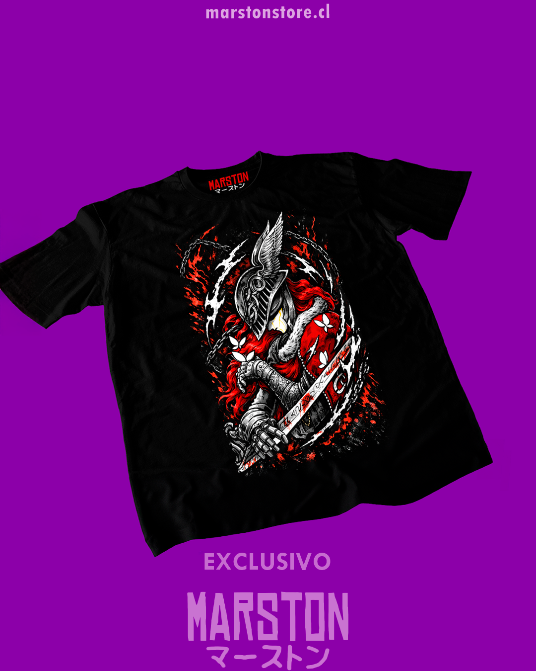 Polera negra Elden Ring con diseño de Malenia