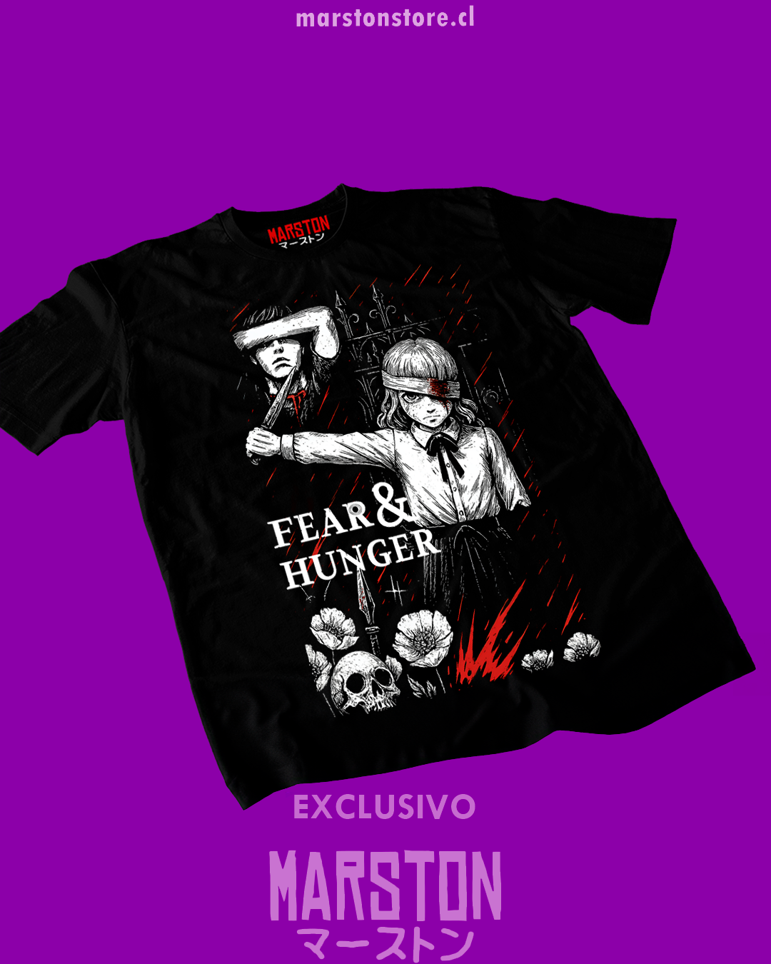 Polera negra con diseño de Fear and Hunger 2
