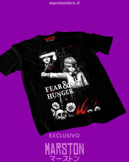 Polera negra con diseño de Fear and Hunger 2