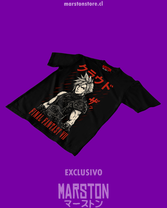 Polera negra Final Fantasy VII con diseño de Cloud Strife