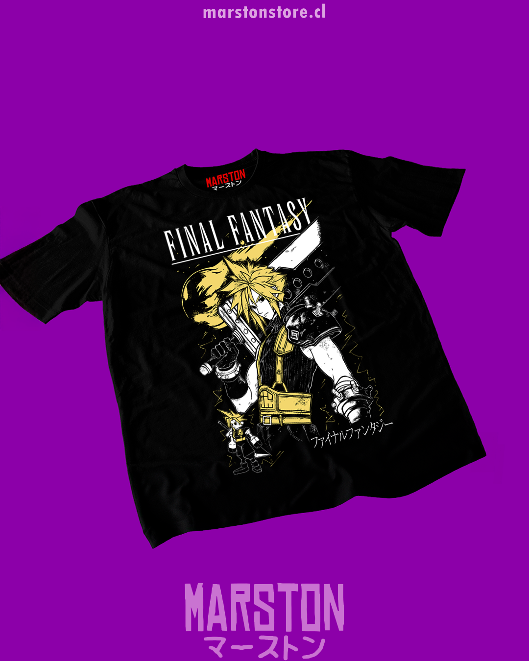 Polera negra Final Fantasy VII con diseño de Cloud Strife