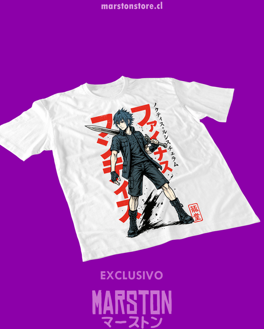 Polera blanca Final Fantasy XV con diseño de Noctis Lucis Caelum