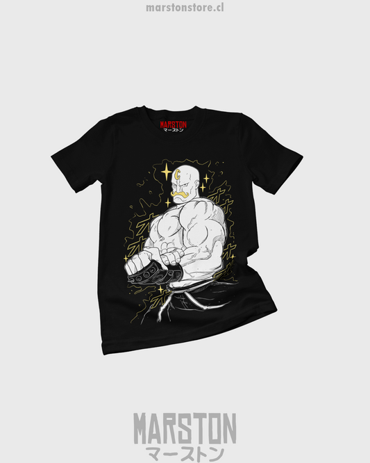 Polera negra Fullmetal Alchemist con diseño de Alex Louis Armstrong