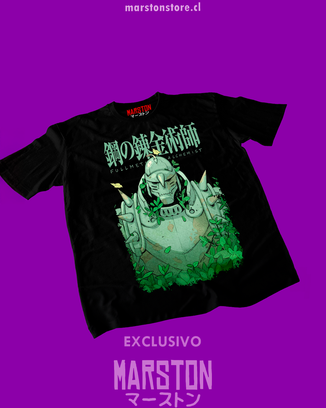 Polera negra Fullmetal Alchemist con diseño de Alphonse Elric