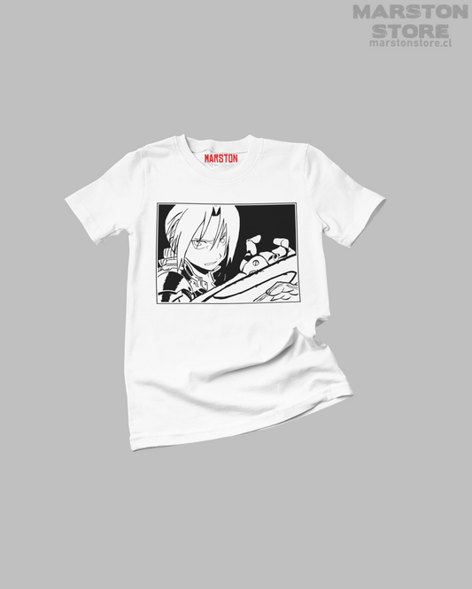 Polera blanca Fullmetal Alchemist con diseño de Edward Elric