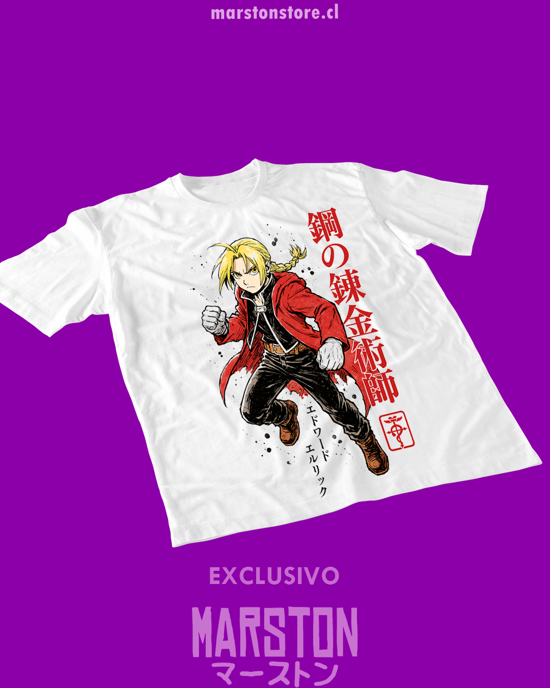 Polera blanca Fullmetal Alchemist con diseño de Edward Elric
