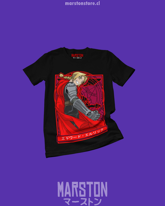 Polera negra Fullmetal Alchemist con diseño de Edward Elric